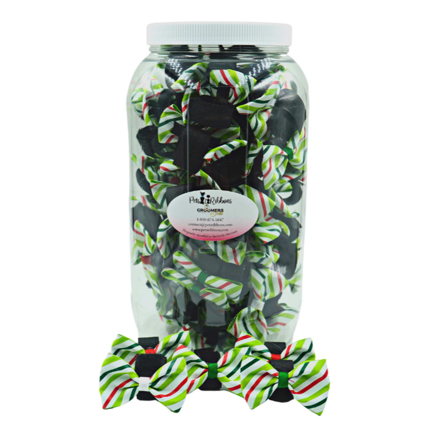 100 Christmas Candy Striped Velcro Dog Bows in Jar|Pets Ribbons