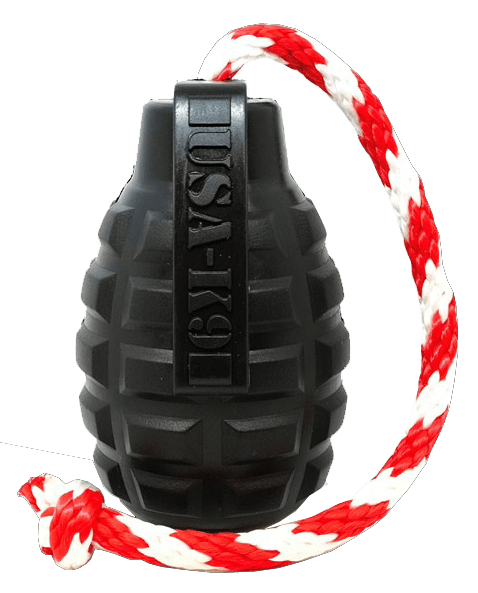 USA-K9 Grenade Durable Rubber Chew Toy, Treat Dispenser, Reward Toy, Tug Toy, and Retrieving Toy